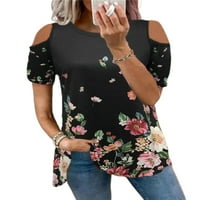 Shakub ženske hladne ramene majice okrugli vrat casual vrhovi kratki rukav labav bluza cvjetni tisak