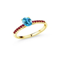 Gem Stone King 1. CT ovalni švicarski plavi Topaz Crveni stvoreni ruby ​​10k žuti zlatni prsten