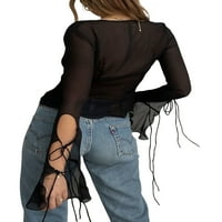 Ženski rukav s dugim rukavima prednji gornji usjev pogledajte kroz ruffle tassel mesh kardigan košulje u ulici