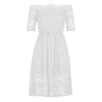 EFSTEB ženske haljine trendi casual crewneck ljetna haljina labava čvrsta boja čipke patchwork kratkih rukava haljina mini haljina bijela m