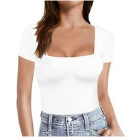 HFYIHGF Ženski kvadratni vrat kratki rukav majica Basic Slim Fit Sexy Tops Ljeto Izlazite na TEE majica