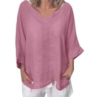 Ženski dugi rukav modni ženski rukav s V-izrezom s rukavima s majicom bluza na vrhu plimu ružičasta,