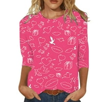 Ženska modna casual Three Quarter rukava za Valentinovo tiskali su pulover za okrugle vrata, vruće ružičaste