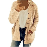 Stamzod ženska topla fleece Sherpa jakne modni casual plus veličina dugih rukava dugme čvrsti kardiganski džemper sa džepom Khaki M