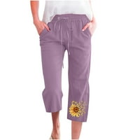 USMixi Womens Lood Wide noga hlače Modni suncokreti Print Plus Veličina Ljeto obrezane pantalone za vuču elastične strugove sa džepom Purple XL