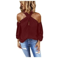 Ženska jesena modna bluza izvan ramena dugih rukava na vrhu Halter vrat hladnog ramena majica vino crvene s