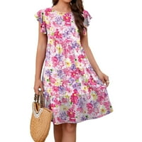 Ljetne haljine za žene okrugli izrez iznad koljena casual a-line cvjetna haljina kratkih rukava ružičasta