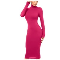 Ženska modna tanka visoki rez dugih haljina s dugim rukavima čista boja u boji Hot25SL4486392