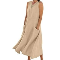 Ženska ljetna casual tenka haljina bez rukava pamučna posteljina duga maxi haljina s džepovima