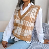 Božićni džemper, ženski kontrastning V-izrez Pleteni džemper, Ležerna modna jakna bez rukava zimski