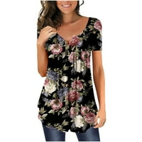 Ženska ljetna dlaka s kratkim rukavima majica Henley V-izrez Loop FIT Pleated tee bluza modna bluza od cvjetnog tiska