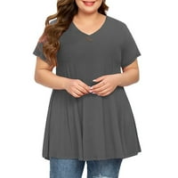 Ženski vrhovi velike veličine Žene V rect gumb kratkih rukava Čvrsta boja labav pulover T-majice tamno
