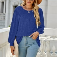 Ženska trendovska lagana plus majica za čišćenje casual labav dugih rukava okrugli vrat na vrhu pune boje obične modne stilske odjeće za dame predimenzionirane postavke plavo l