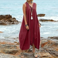 Ženski podesivi kaiš džep maxi haljina za čišćenje odjeća V izrez košulje Trendy Solid haljina Vintage Summer Beale Bealesiless Beach Tunic Wine, XXXL