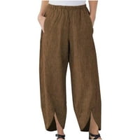 Žene labavo pamučne posteljine palazzo hlače casual elastična struka čvrstog udobnog jogging jogger široke pantalone sa džepovima