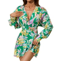 Ženska haljina Elegantni dugi rukav V izrez cvjetni ispisani nepravilni ženski ženski vanjski odjeća Streetwear Soft Cool Beach Style Dnevno proljeće ljetne haljine