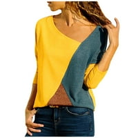 IOPQO T majice za žene Žene O-izrez u boji Color Collision duge rukave plus veličina Jednostavna vrhova bluza s dugim rukavima Yellow 4xl