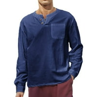 Muškarci dugih rukava posteljina majica bluza haljina košulja pune boje casual labav mornarsko plava