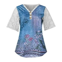 Ženska čipka za majicu Tiskanje kratkih rukava V-izrez čipkani rukav patchwork majica ženske vrhove plavi xxl