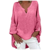 Ženski vrhovi s dugim rukavima, puna bluza Ležerne prilike, majica V-izrez ljetna ružičasta m