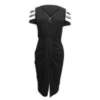 Mikilon ženska haljina čišćenje Žene pune boje V vrat sa ramena kratka rukava kratka rukava ženska odjeća dvostruke haljine crne xl