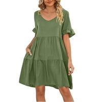 Ženske oblače s kratkim rukavima s kratkim kratkim a-linijskim ljetnim V-izrezom Green M