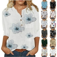 Vrhovi za žene gumb Up majice kratki rukav V-izrez casual cvjetne bluze, plavi s