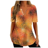 Halloween Majice za žene Trendi gumb s kratkim rukavima Grafički grafički Henley vrhovi labavi Flowy Comfy ruched tunika bluza za gamaše narandžasto # m