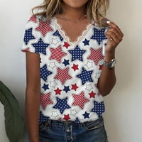 FOPP prodavač Ženski V-izrez kratki rukav čipkasti patchwork Top Day Neovisnosti Ispis majica Royal Blue L
