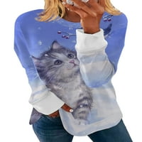 Haite Dame Tee Cat Print majica dugih rukava za majicu Radna tunika Bluza Dnendawer Crew Pulover sive