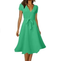 Dyfzdhu ljetne haljine za žene Elegantne casual V izrez Solid Color Tie Haljina Plaža Boho Maxi Sunderss Green XL