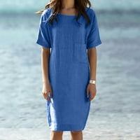 Žene ljetne kratkih rukava haljina labava a-line party džepke dress haljina plava 4xl