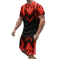 Muškarci odijela Saopsova modna 3D plamena uzorak Ispis Crewneck kratki rukav pulover majica i elastične struke kratke hlače Ležerne prilike ljeti stilski trenerke crveni m
