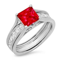 2. CT princeza Crveni simulirani ruby ​​gem pravi 14k bijeli zlato prilagodljiv laserski graviranje vječno jedinstvena umjetnost deco izjava obitobar vjenčanja Angažman mladenka za brisalni prsten set veličine 9,25