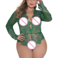 Qcmgmg ženske bodistice seksi zelene trepavice Teddy donje rublje čipke duboko i dugih rukava bebidoll zelena 3xl