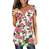 Boho vrhovi za žene sakrij trbuh tunika Ljeto kratki rukav majice slatka cvijeća Henley cvjetni print