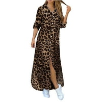 Ženski gumb dolje Leopard košulje za ispis valjane dugih rukava Maxi haljine plus veličina Split Jesen