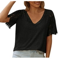 Žene casual labav kratki rukav vrhovi čvrstog V izrez Ljetna bluza Comfy čipke patchwork fringe majice