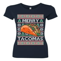 Divlji Bobby, veseli tacomas Holiday Taco Lover Ugly Božićni džemper Žene Slim Fit Junior Tee, Mornarice, Mala