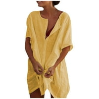 Ženski vrhovi bluza Žene Lak-duljina modni solid ljeti V-izrez T-majice Tunic Tee Yellow 4xl