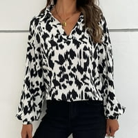 Cotonie ženska majica s V-izrezom dugih rukava Leopard Lanterna rukava Casure casual bluza Osnovni vrhovi za žene crne s