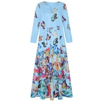 AMLBB ženske maxi haljine retro stil leptir tiskani deveti rukav labav V izrez duga haljina nepravilna