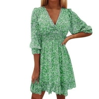 Dame casual elegantno retro V ret elastični struk cvjetni tisak ljeto kratkih rukava mini haljina zelena