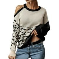 Fnohy ženski džemperi Ležerni Leopard tiskani hladni rame za patchwork dugih rukava pletena pulover, obrezan džemper vrhovi
