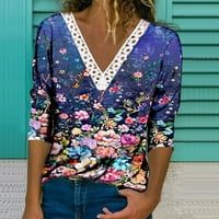 Ljetni cvjetni tiskani vrhovi za žene Crochet čipke Trim V izrez T košulje Casual Labavi pulover Tee majice Tamno plavi XL