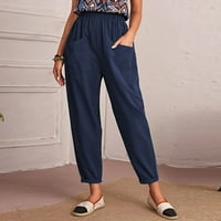 Posteljine obrezane hlače za žene plus veličine ravno široka noga visoka struka plaže za plažu, udobne hlače s džepovima