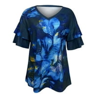 Scyoekwg plus veličina ženske majice kratkih rukava s kratkim rukavima s cvjetnim print grafičkim tinama casual comefy lagane ljetne bluze Clearence plavi xxxl