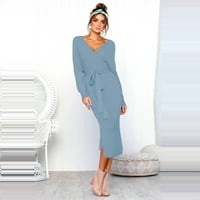 Haljine za žene Ženska modna pletena duga rukava V-izrez Warm dugačka haljina Ležerna haljina plava + s