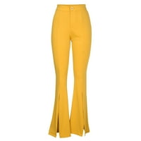 Ženski visoko struk bootcut široke noge hlače za noge pantalone za noge DRESSY SILT HEM Bell dno žute