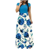 Cuoff Ljetne haljine za žene modni ležerni print okrugli vrat kratkih rukava dugačka haljina plava l